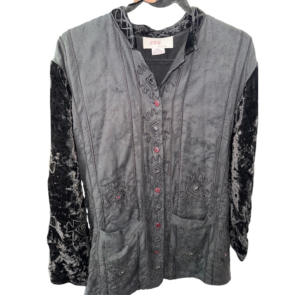 Anu By Natural‎ Black Velvet Embroidered whimsy goth boho Button Front Jacket